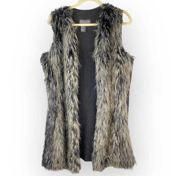 Live a Little Sweaters - Faux Fur Sweater Vest Jacket Sleeveless Lined Black Brown Large Vintage